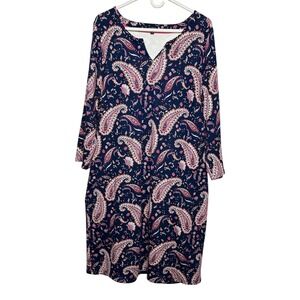 Talbots Womens Navy Blue Pink Paisley Cotton Jersey Shift Dress Size XL